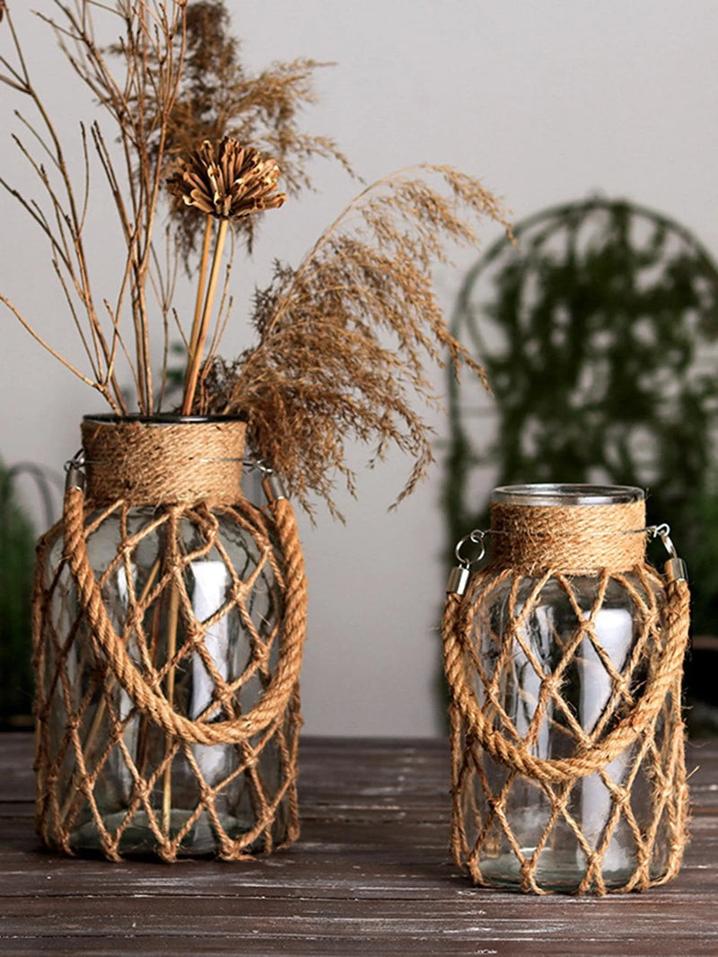 vase en verre tissé à la main décoration bohème pour fleurs sèches