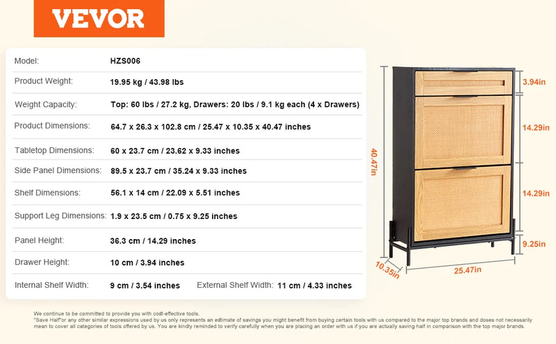 organisateur de rangement pour chaussures avec tiroirs en rotin et métal