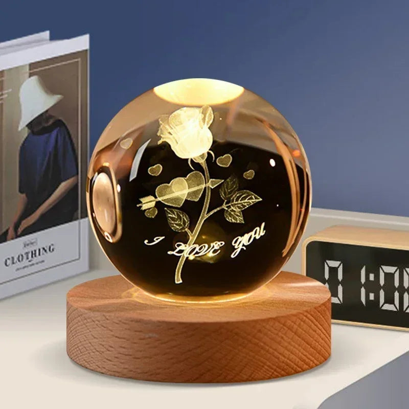 veilleuse 3D en cristal système solaire cadeau décoratif en bois