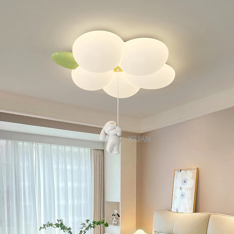 Modern Simple Children's Room Ceiling Lamps with White PE Flower Sconces White Rabbit Girl Boy Baby Kids Bedroom Hanging Light