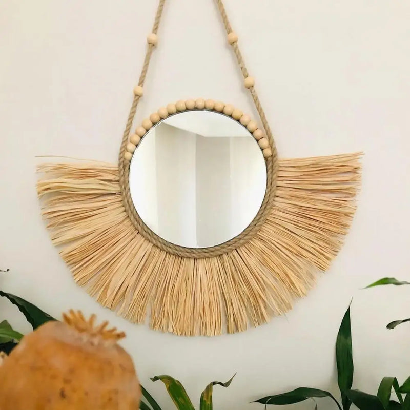 miroir suspendu en raphia et perles en bois décoratif multifonctions