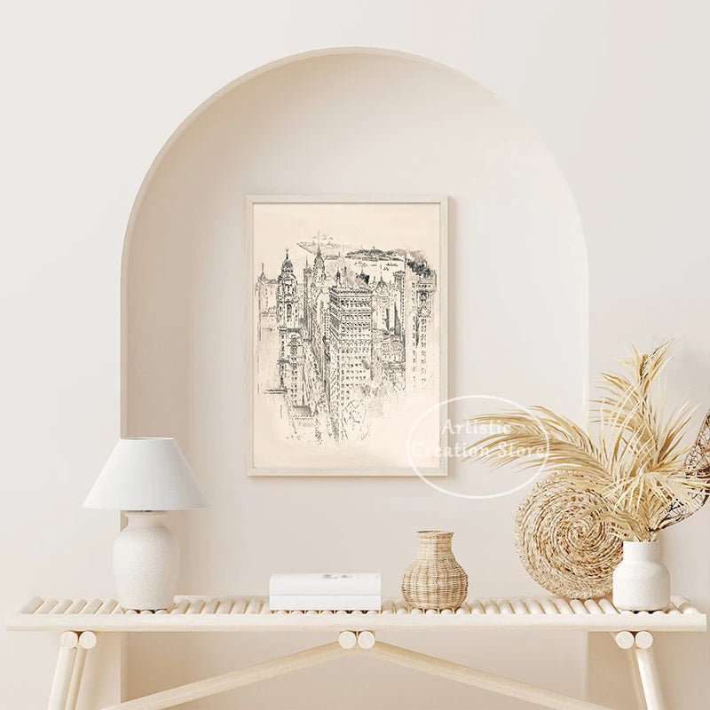 vintage new york city skyline dessin au trait impression sur toile