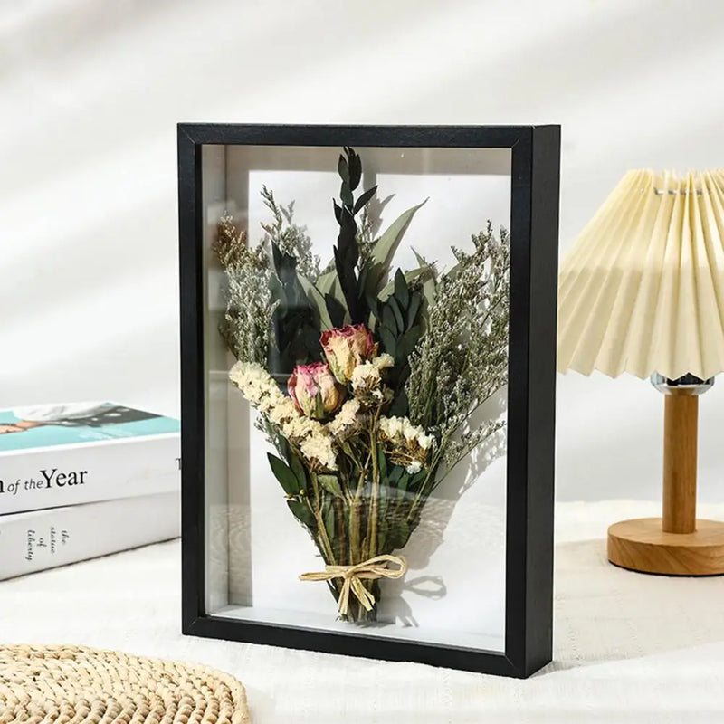 cadre photo en bois avec fleurs séchées et plantes 3D fait main