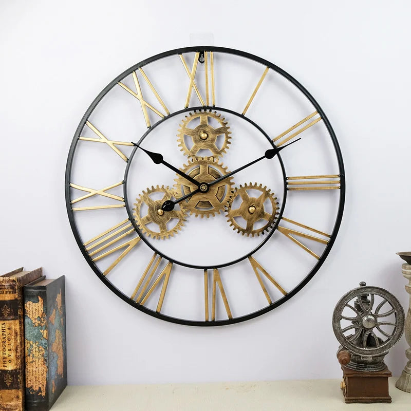 horloge murale rétro 3D luxe grand engrenage décorative artisanale