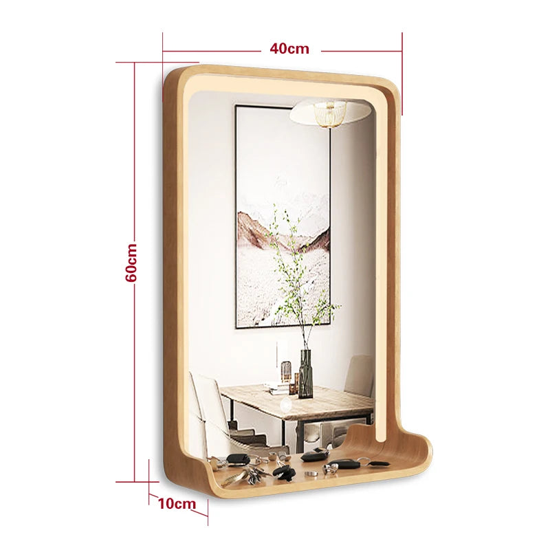 miroir en bois massif avec éclairage led et fixation murale