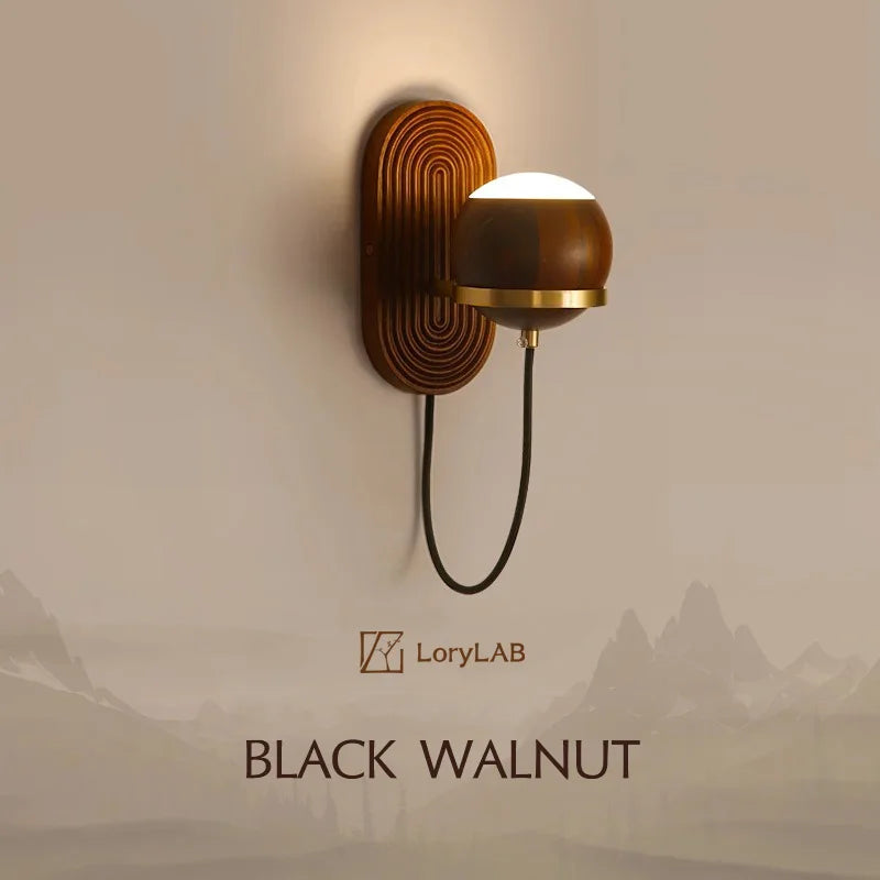 Walnut Wood Circular Sphere, Wabi-sabi minimalist Modern style, Wall Sconce light for Bedroom, Bedside, Living, Dining Room