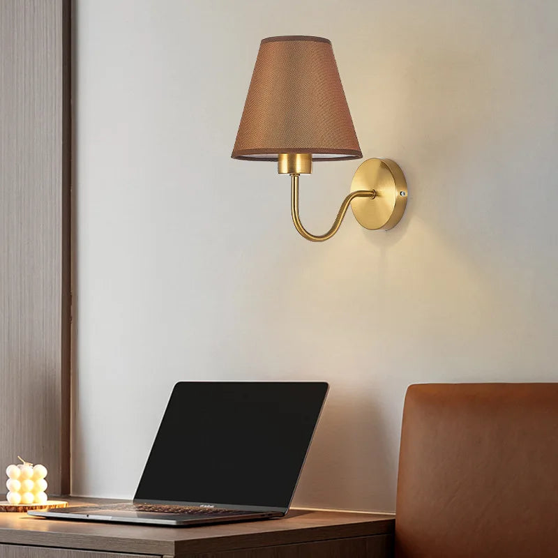 5/12W American Fabric Wall Lamp Modern Gold LED E27 Bulb Cloth Lampshade Wall Light for Hotel Bedroom Bedside Decoration Sconces