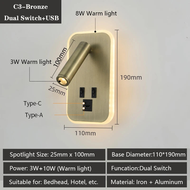 applique murale led moderne avec ports usb et lampes de lecture réglables