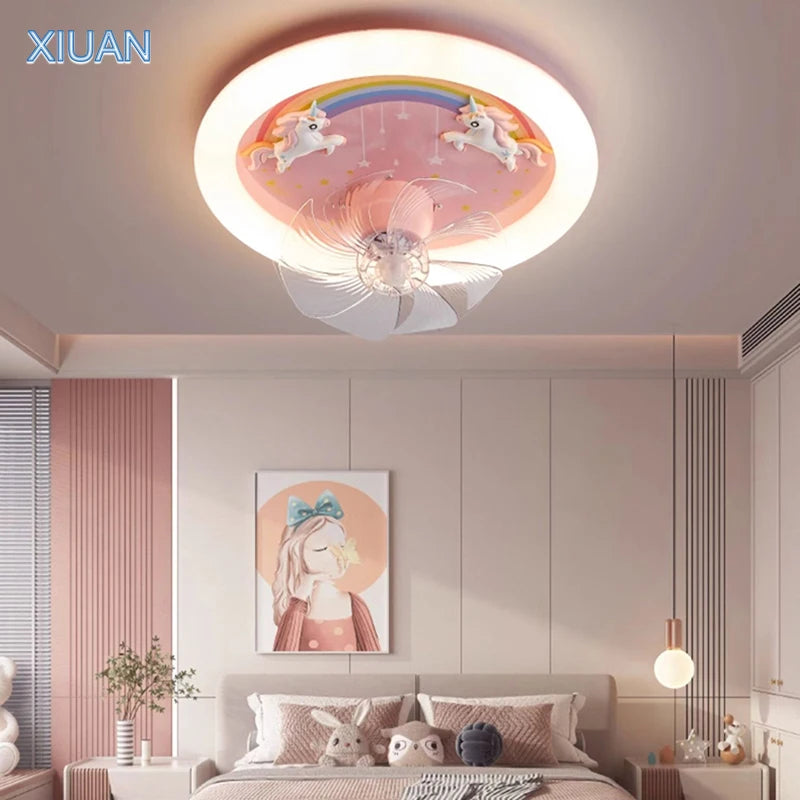 Creative LED Ceiling Light with Fan Pink Princess Children's Room Bedroom Ceiling Fan Resin Unicorn Rainbow Remote Control 220V