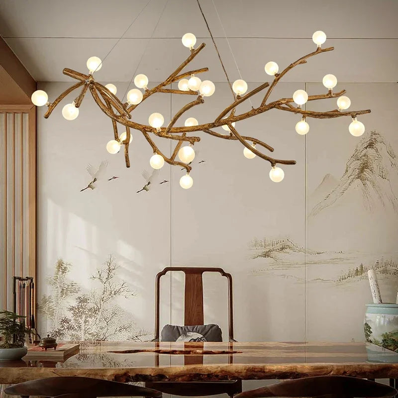 lustre vintage en résine avec branches d'arbre led