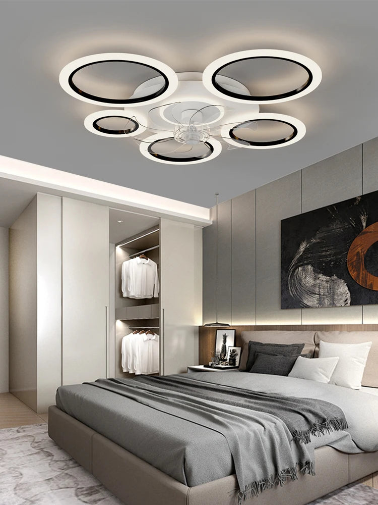 Modern white minimum circular fan light, simple living room ceiling fan light, intelligent control ceiling fan light