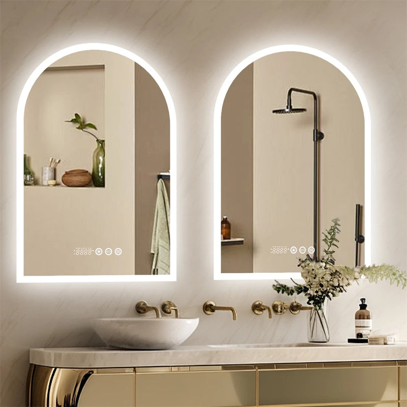 miroir LED intelligent avec affichage température heure et antibuée