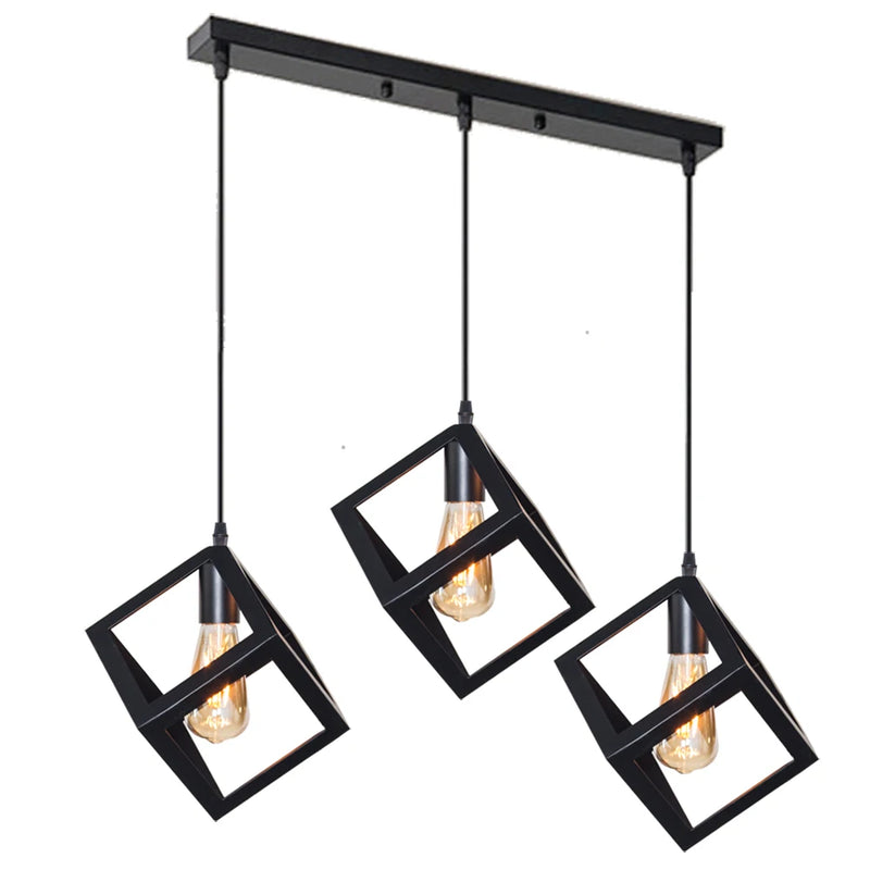 Black Geometric Pendant Lighting Modern Square Hanging Light Ceiling Fixture for Kitchen Island, Foyer, Hallway, Bedroom E27