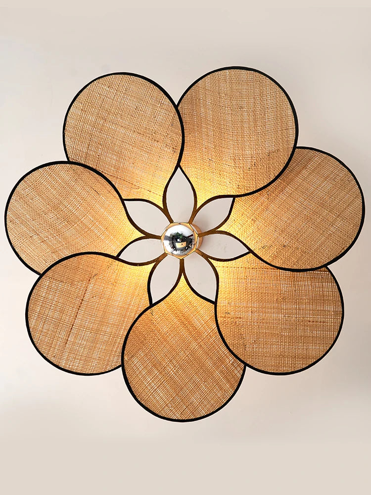 lustre à LED tissé en paille de fleur japonaise pour décoration intérieure