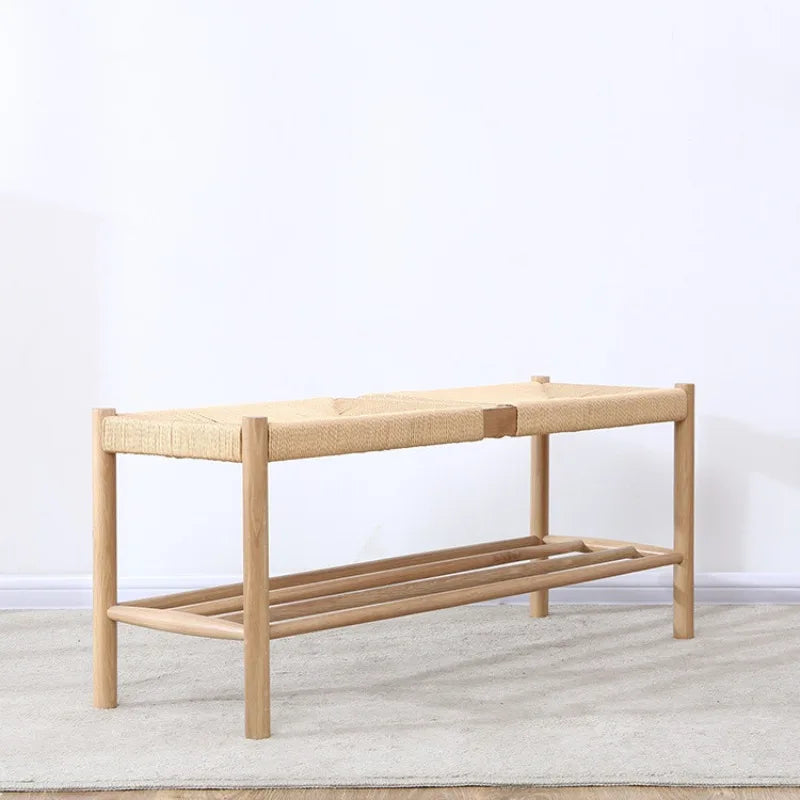 banc nordique en bois massif avec corde tressée design simple