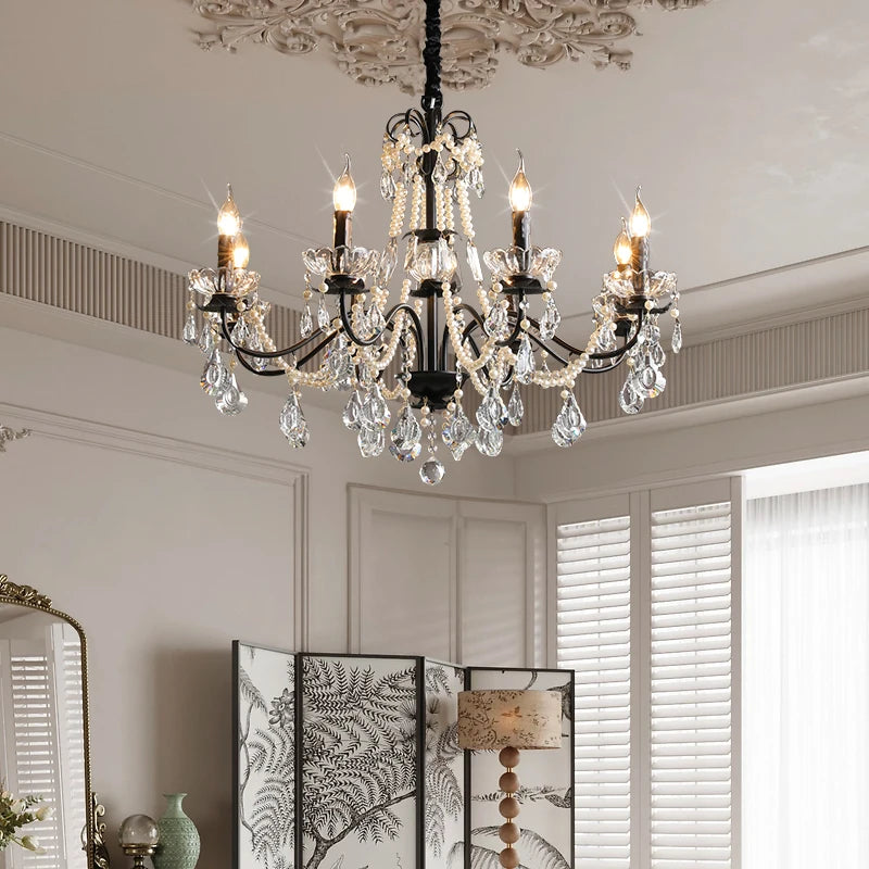 lustre moderne en cristal avec perles et éclairage led