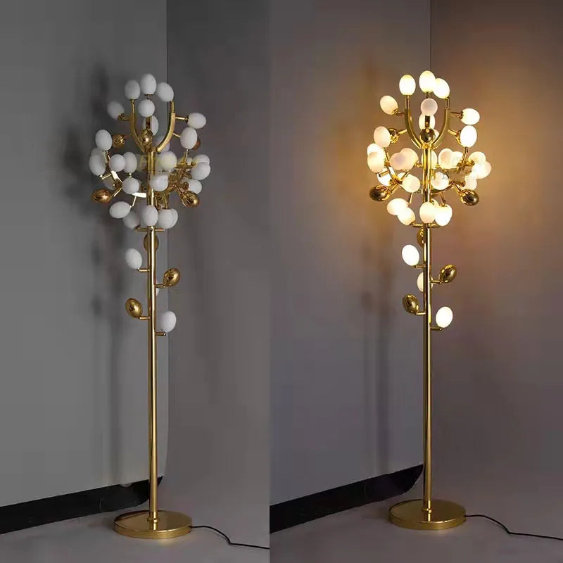 Nordic modern grape design LED floor lamp, gold G9 bulb, dining room, bedroom, sofa, white glass, home decoration floor lamp