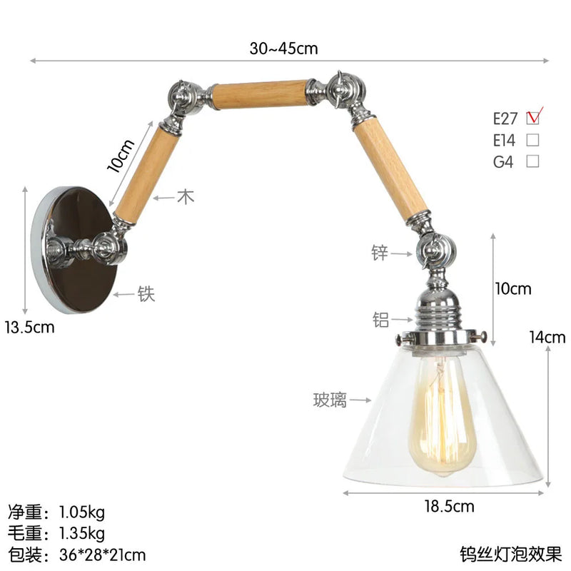 applique murale en bois et verre pour éclairage intérieur rétro