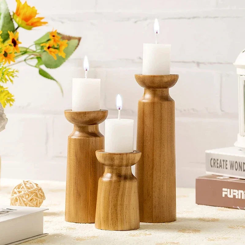 lot de 3 bougeoirs en bois naturel pour décoration rétro de mariage