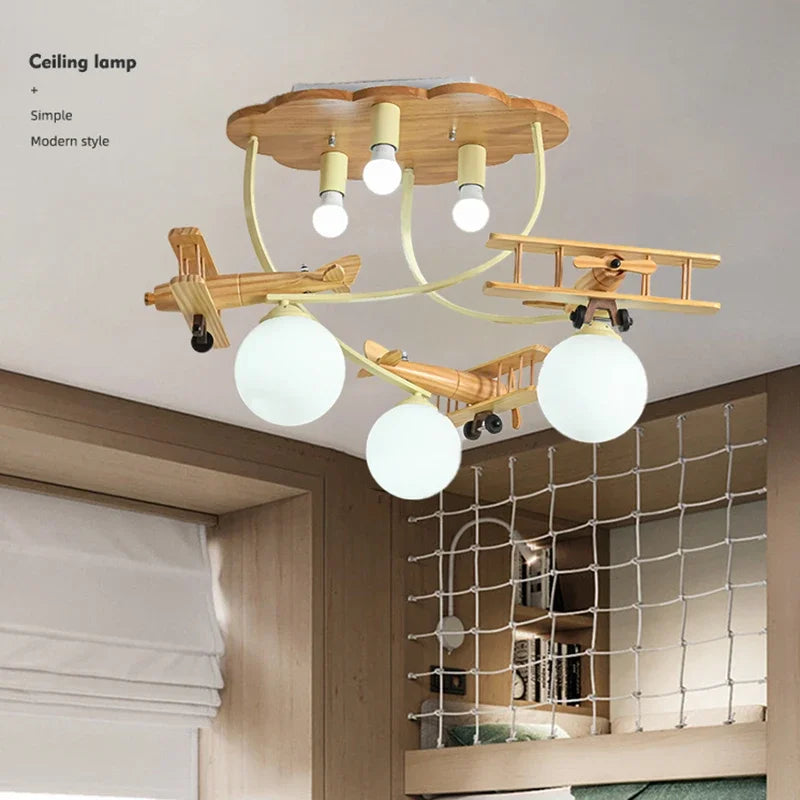 lustre en bois avion pour chambre d'enfant plafonnier led