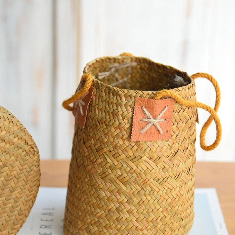 panier de rangement en jonc de mer naturel pour décorations variées