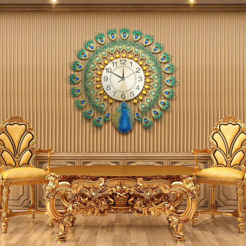 horloge murale silencieuse en métal motif paon décorative intérieure