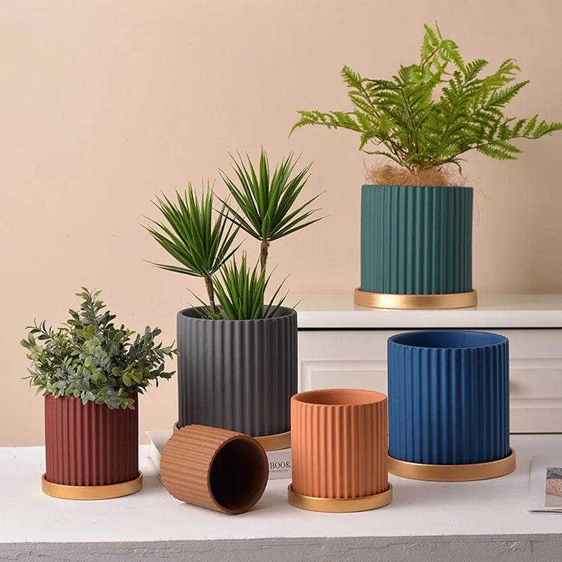 pot de fleurs en céramique lignes verticales pour plantes d'intérieur