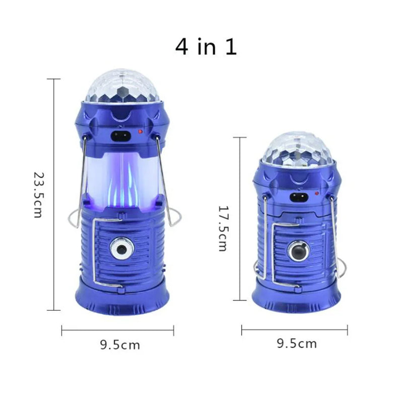 Solar Powered 4-in-1 Flame Waterproof Led Camping Lantern Light& Magic Ball Disco Lamp Flashlight for Tent,Party