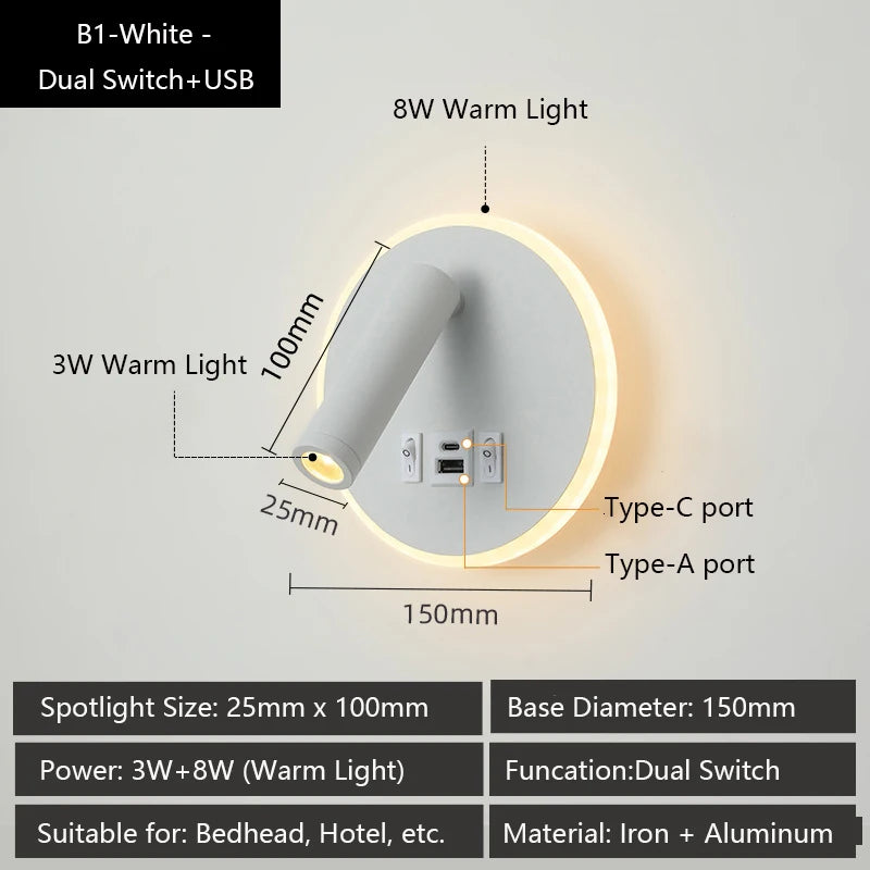 applique murale led moderne avec ports usb et lampes de lecture réglables