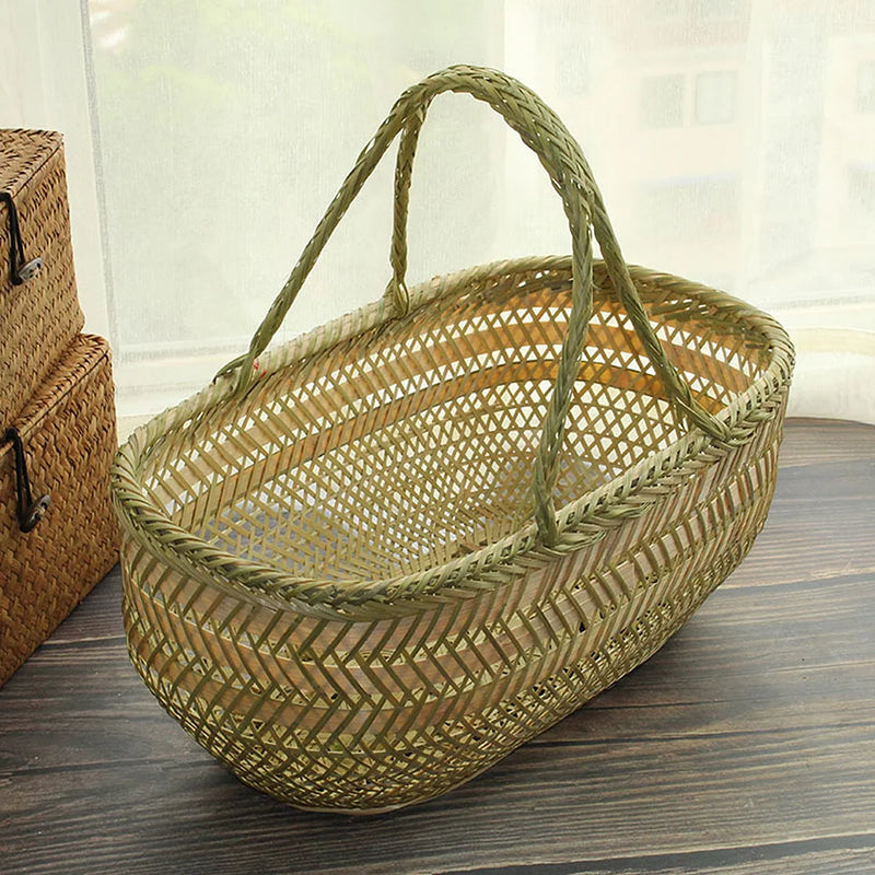 panier à provisions en osier avec poignée en bambou pour le jardin