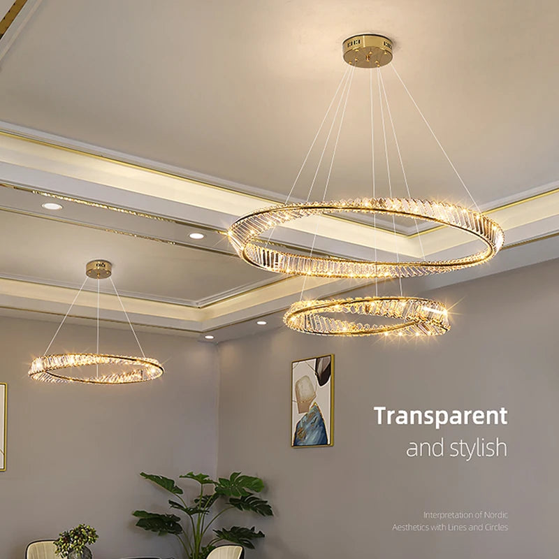 Crystal LED Chandelier for Living Room Kitchen Bedroom Ceiling Pendant Lamp, Gold Modern Remote Control Hanging Light