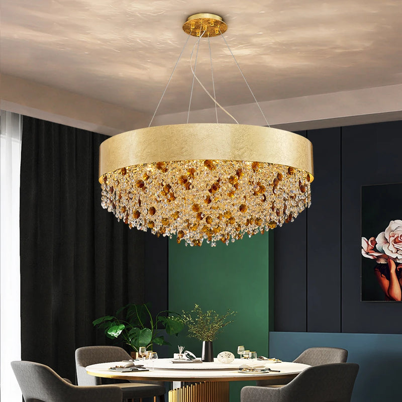 2024 Modern crystal chandelier for living room home decor hanging cristal lamp round gold led light fixture with dimmable