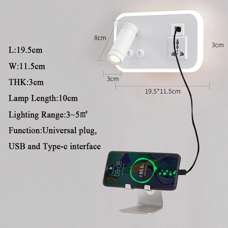 lampe de chevet murale led avec port usb et interrupteur rotatif