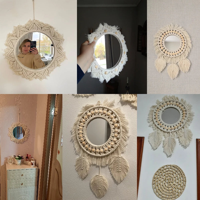 miroir mural en macramé style bohème pour décoration intérieure