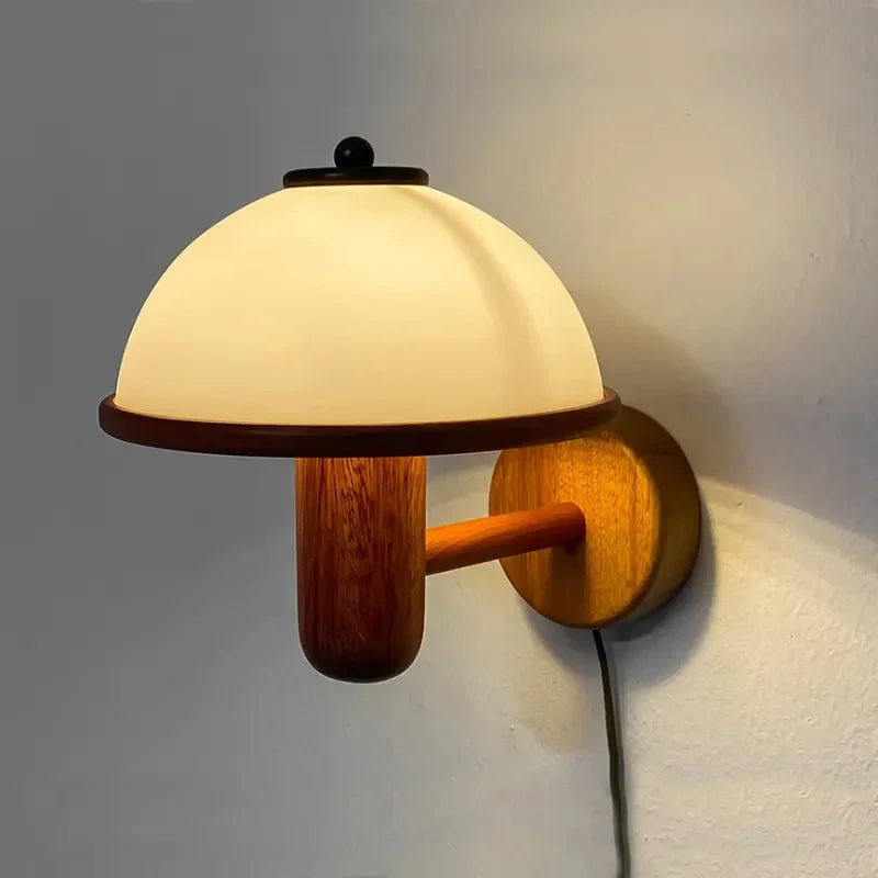 Nordic Retro Mushroom Wall Lamp with EU/US Plug, Wooden Bedroom Bedside Light, Living Room, Corridor LED Decorative Light