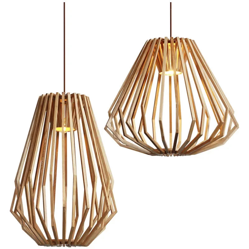 Nordic Wooden Cage Chandelier For Living Room Dining Study Modern Solid Wood Art Led Lamp Indoor Lighting Home Decor