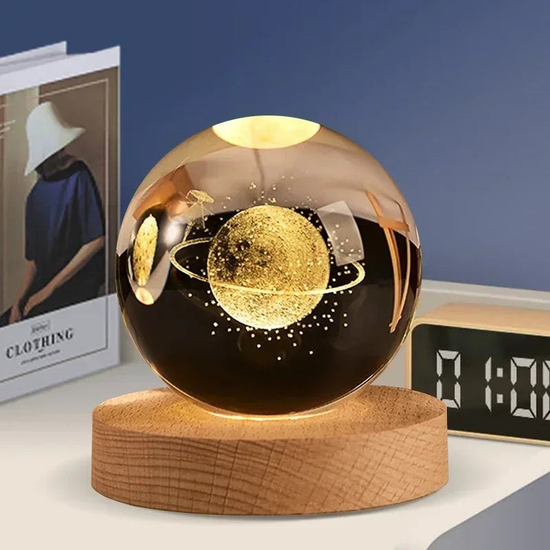 veilleuse 3D en cristal système solaire cadeau décoratif en bois