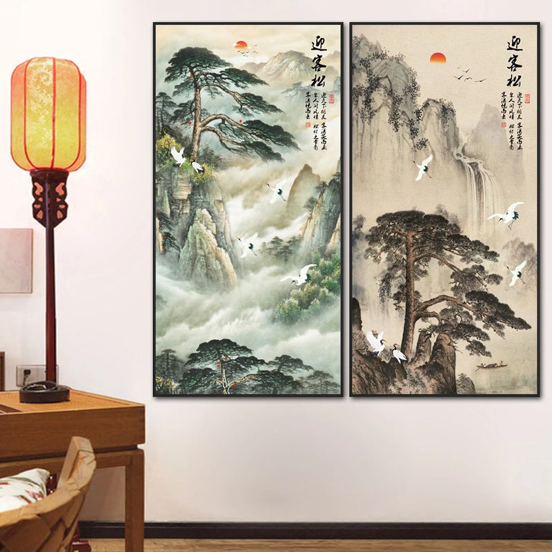 peinture sur toile pin chinois avec flux d'eau alpin