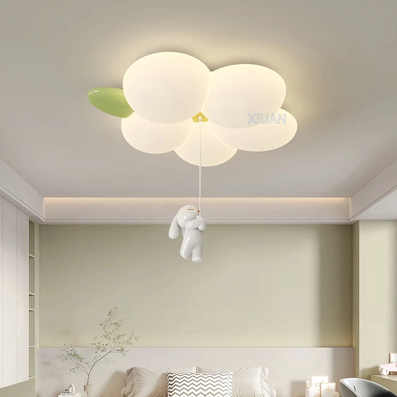 Modern Simple Children's Room Ceiling Lamps with White PE Flower Sconces White Rabbit Girl Boy Baby Kids Bedroom Hanging Light