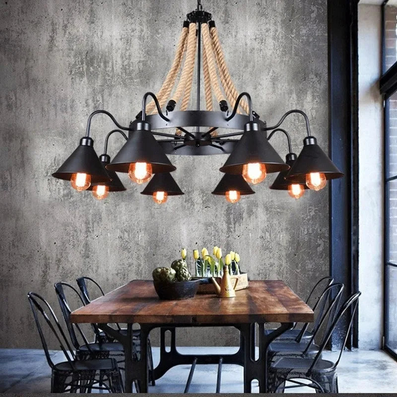 Vintage Hemp Rope Pendant Lamps Iron Lampshade Retro Coffee House Bar Indoor Lightings E27 Industrial Style Chain Pendant Light