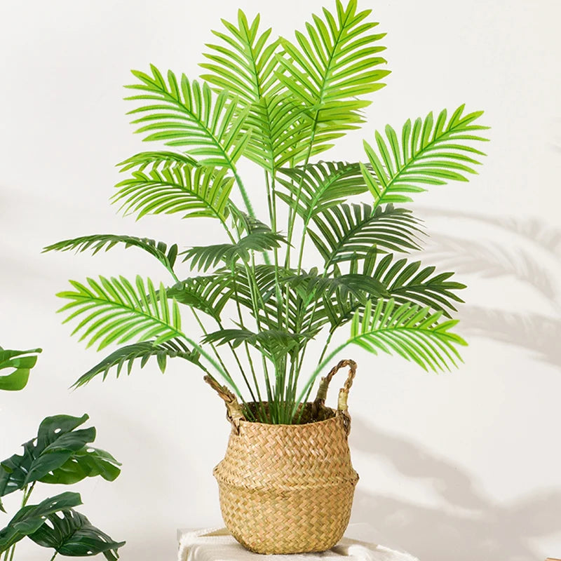 grand palmier artificiel avec branches de monstera pour décoration extérieure