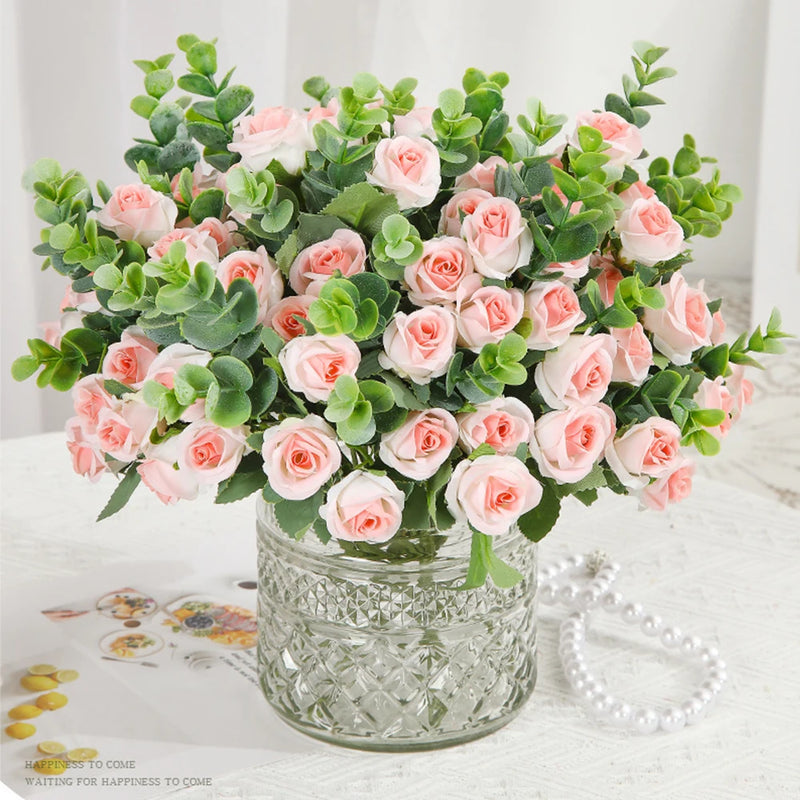 lot de 10 roses artificielles bouquet avec eucalyptus et pivoines décoratif