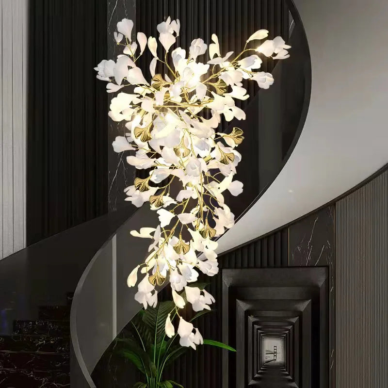 lustre led de luxe moderne en céramique motif ginkgo art villa