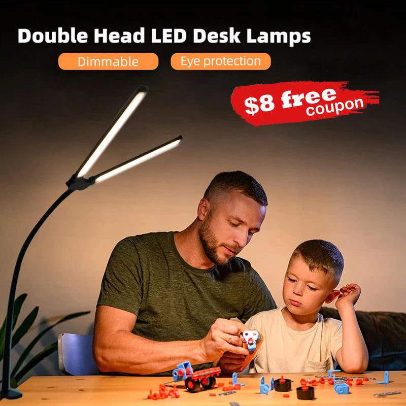 lampe de bureau à double tête à pince led adjustable