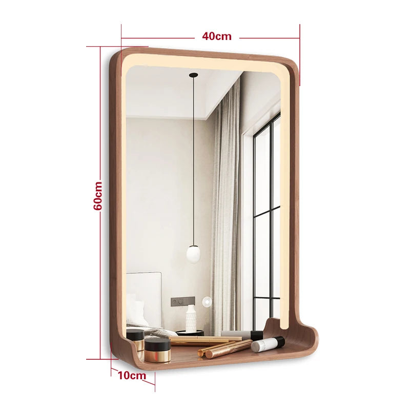 miroir en bois massif avec éclairage led et fixation murale