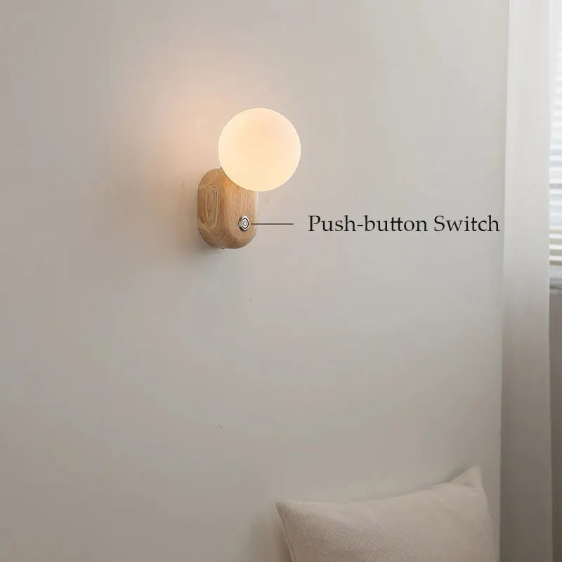 Spherical Glass Walnut Wood, Modern Wabi-Sabi Minimalist Style, Wall Sconce Light for Living Room, Dining Room, Bedroom, Study