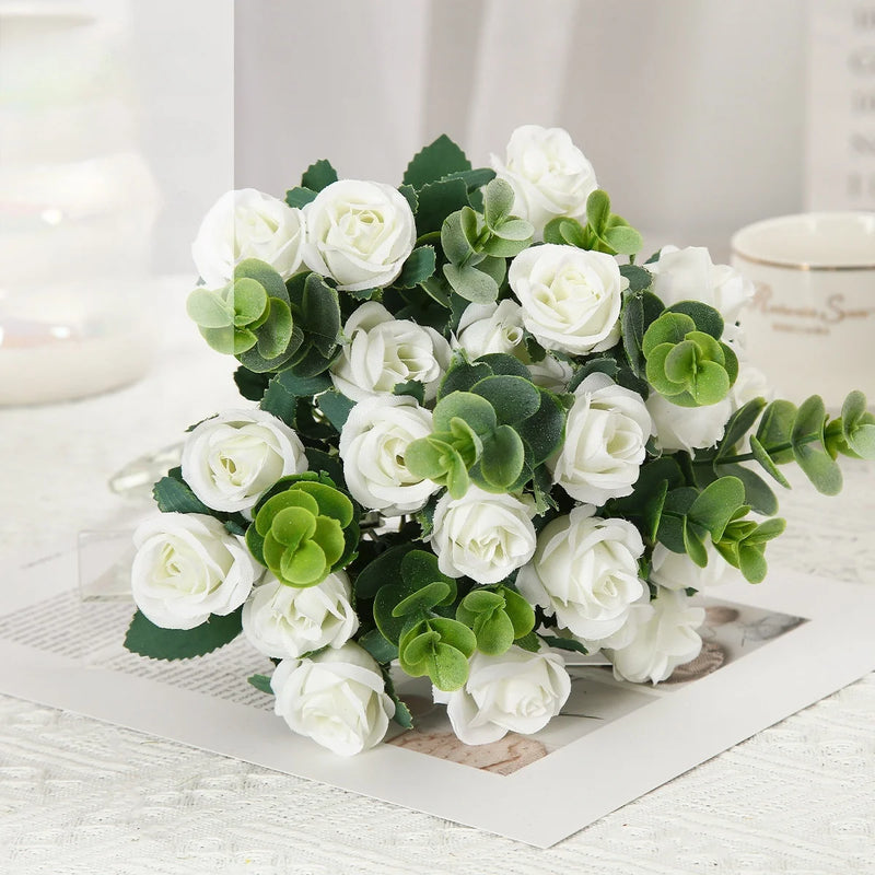 lot de 10 roses artificielles bouquet avec eucalyptus et pivoines décoratif