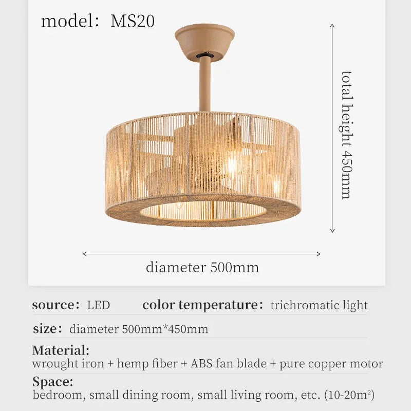 plafonnier décoratif en corde tressée avec ventilateur et intensité variable