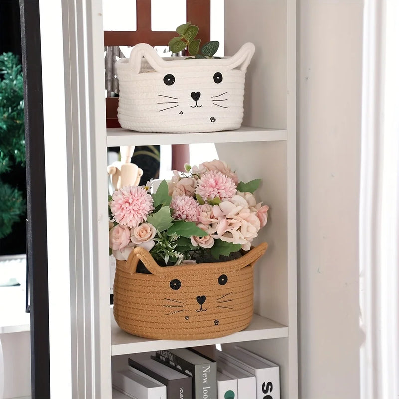 paniers de rangement en coton tissé tête de chat pour bureau et maison