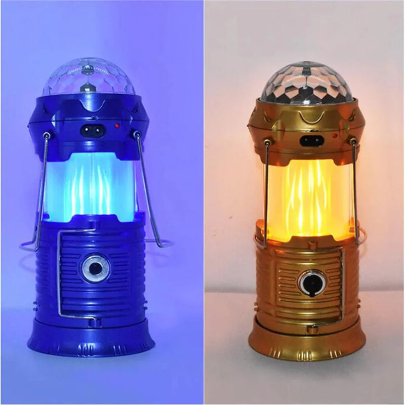 Solar Powered 4-in-1 Flame Waterproof Led Camping Lantern Light& Magic Ball Disco Lamp Flashlight for Tent,Party